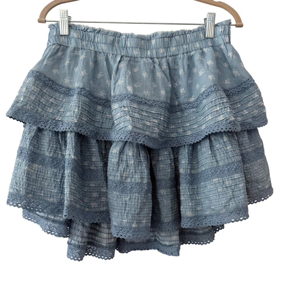 Aerie Womens‎ Boho Floral Rock & Ruffle Blue Floral Tiered Mini Skirt Lace Large